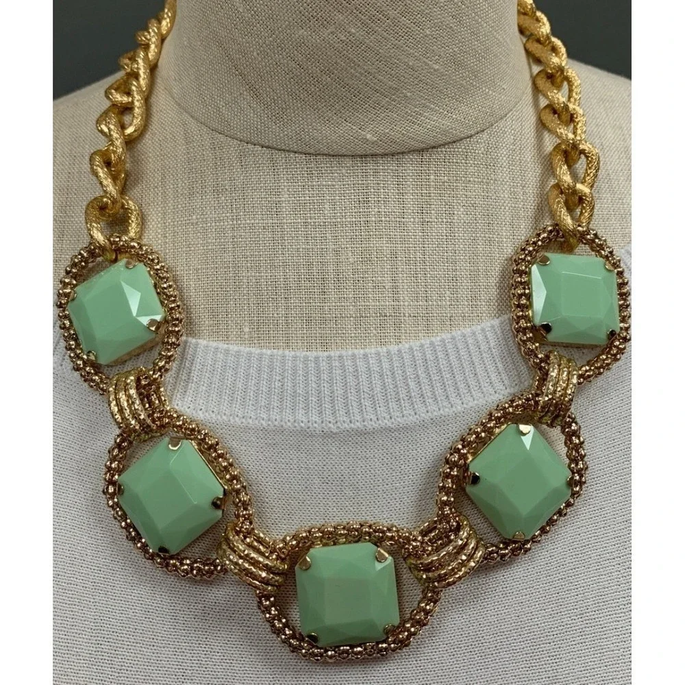 Gold Chain Necklace‎ Green Square Stone Statement Jewelry Fashion Accessory